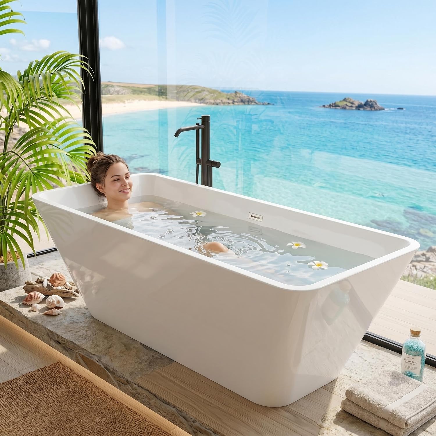 66' Freestanding Acrylic Soaking Tub,Large Freestanding Bathtub with Non-Slip Surface, Overflow and Drain Included, Freestanding Bathtub with Chrome Drain, Deep Stand-Alone Tub for Relaxing Home Spa