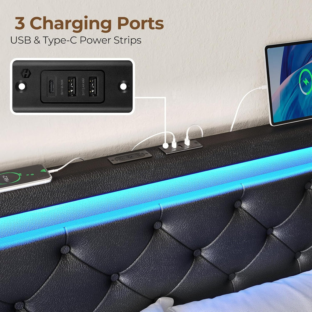 Rolanstar Queen Size Bed Frame with Charging Station, LED Bed with Under Bed Storage, Adjustable Headboard 38.9/40.8 Inches, No Box Spring Needed, Noise Free, Easy Assembly, Black