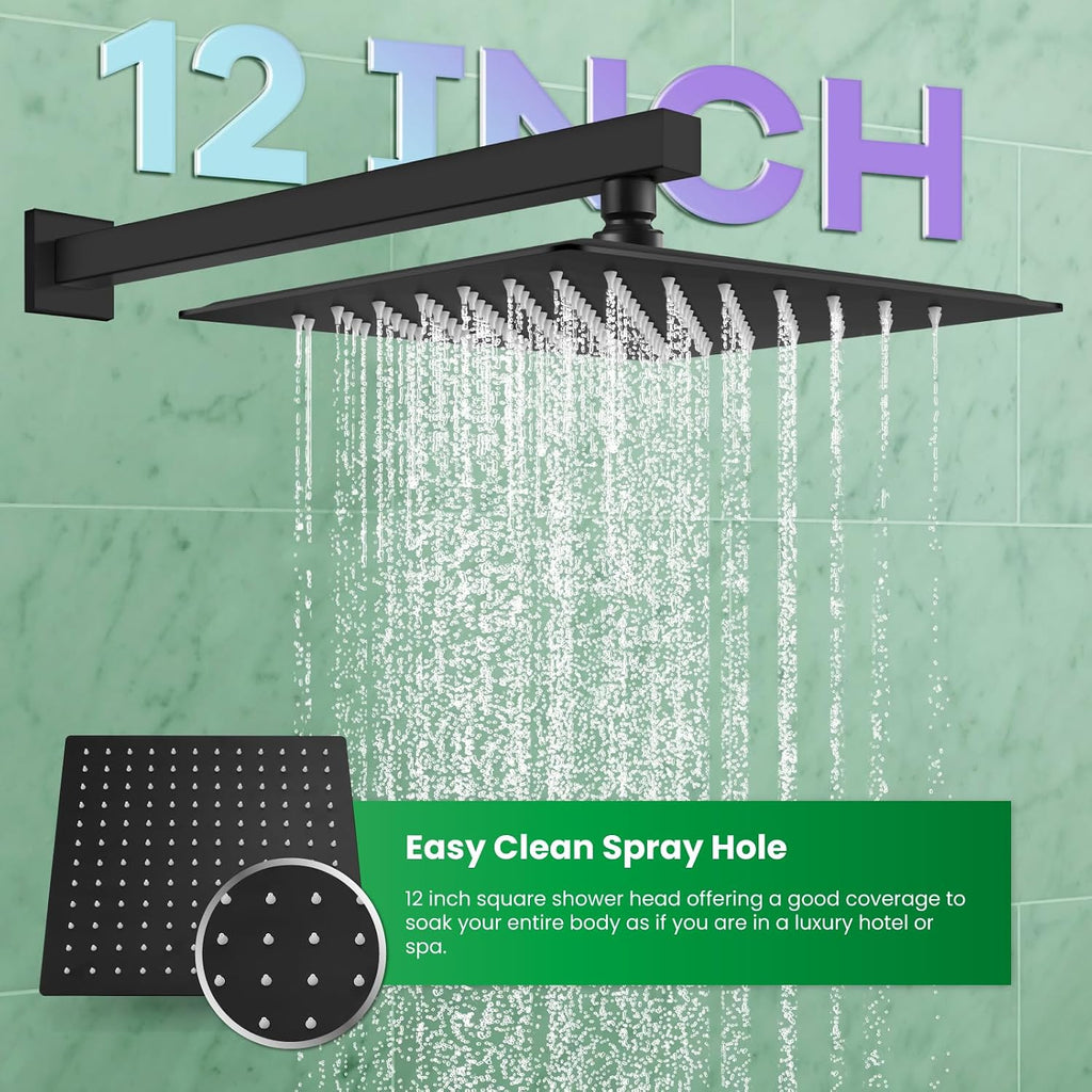 gotonovo Rainfall Bathroom Shower System Wall Mounted Pressure Balancing Valve 12 Inch with gotonovo 4 Inch Centerset Waterfall Bathroom Sink Faucet Deck Mount 2 Handle with Pop Up Drain Matte Black