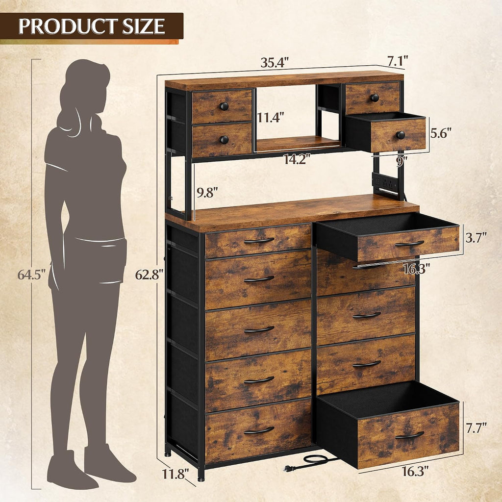 EnHomee 62.8' H Dresser for Bedroom with Multiple Drawers,Fabric Dresser with Charging Station and LED Lights,Dressers & Chests of Drawers for Bedroom, Steel Frame & Wooden Top,Rustic Brown