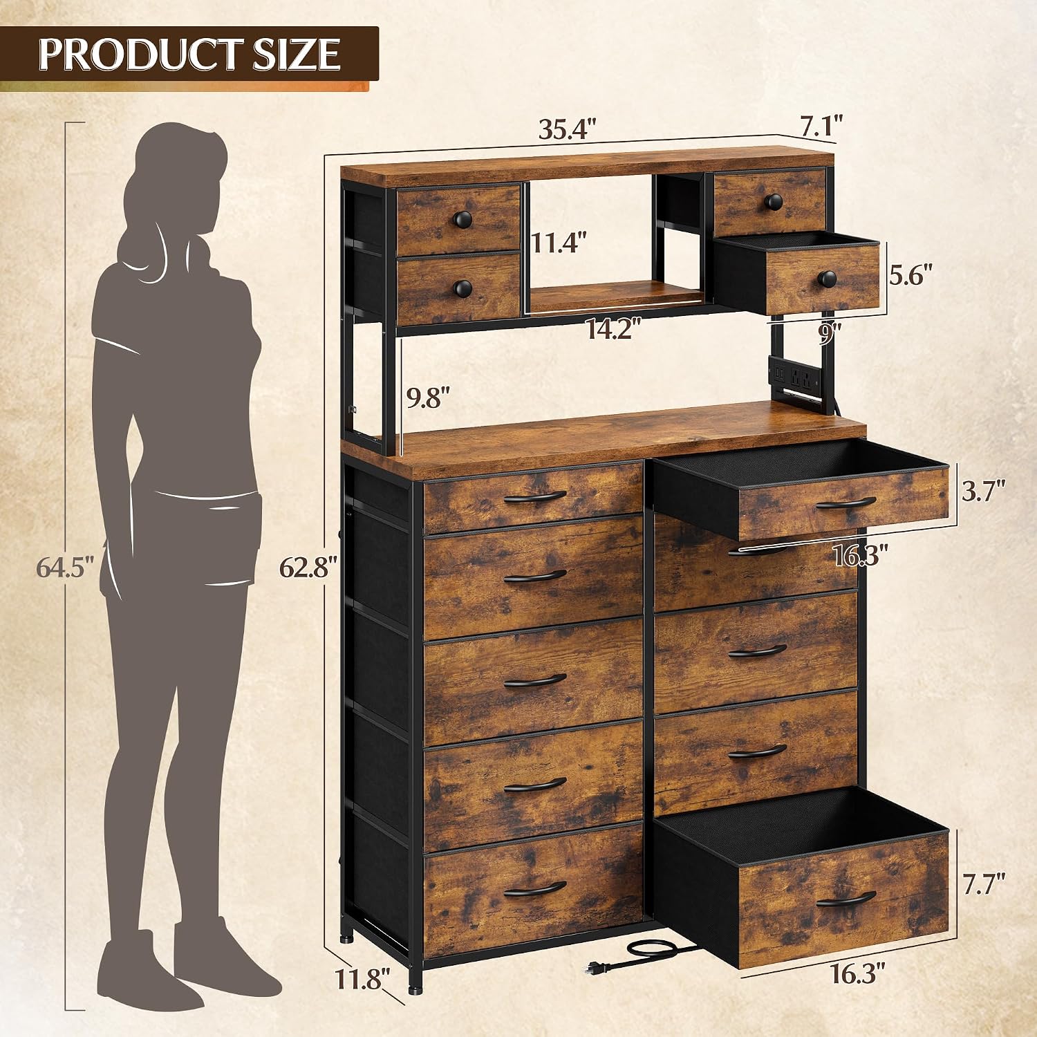 EnHomee 62.8' H Dresser for Bedroom with Multiple Drawers,Fabric Dresser with Charging Station and LED Lights,Dressers & Chests of Drawers for Bedroom, Steel Frame & Wooden Top,Rustic Brown