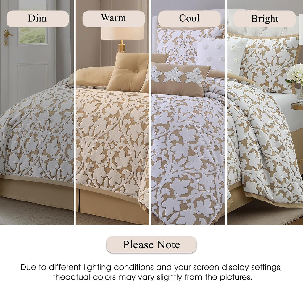 Stratford Park Floral Leaves Comforter Set, Khaki California King Size Bedding, 7 Piece Jacquard Bedding Set, All Season, Matching Pillows, Shams, Bed Skirt