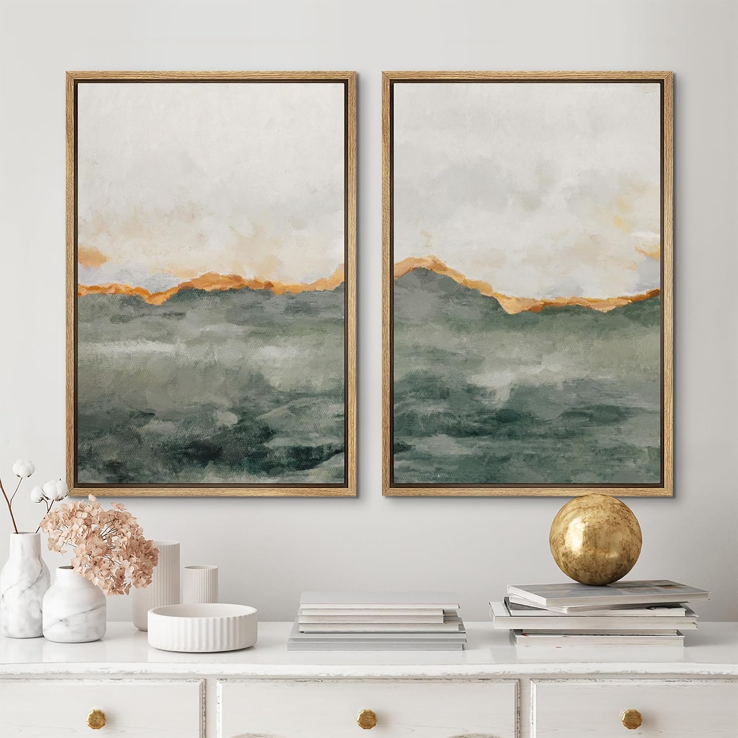 MUDECOR Framed Canvas Print Wall Art Set Gold Gray Pastel Watercolor Stroke Abstract Shapes Illustrations Modern Art Decorative Bohemian Calm/Zen for Living Room, Bedroom, Office - 24'x36'x2 Natural