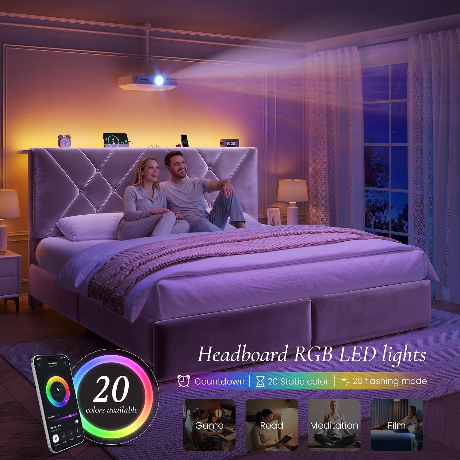 EnHomee Queen Size Platform Bed Frame with Adjustable Headboard and LED Lights, Button Tufted Velvet Headboard with Charging Station, No Box Spring Needed,Easy Assembly，Grey