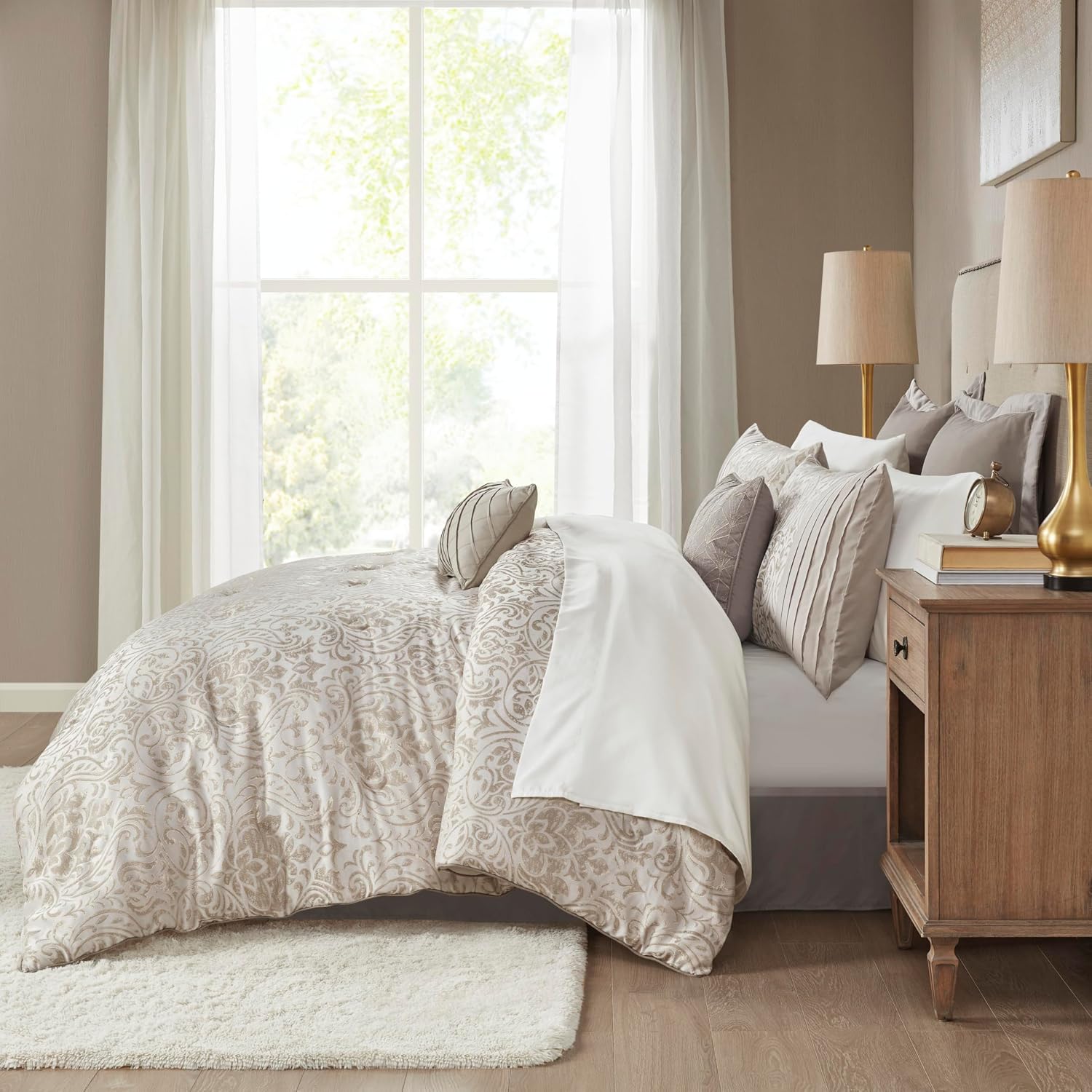 Madison Park Emilia Bed in a Bag Comforter Set with Sheets, Gold Metallic Jacquard Damask Design, Traditional, All Season Bedding Includes Bedskirt, Shams, Toss Pillows, Cal King Khaki/Gold 12 Piece