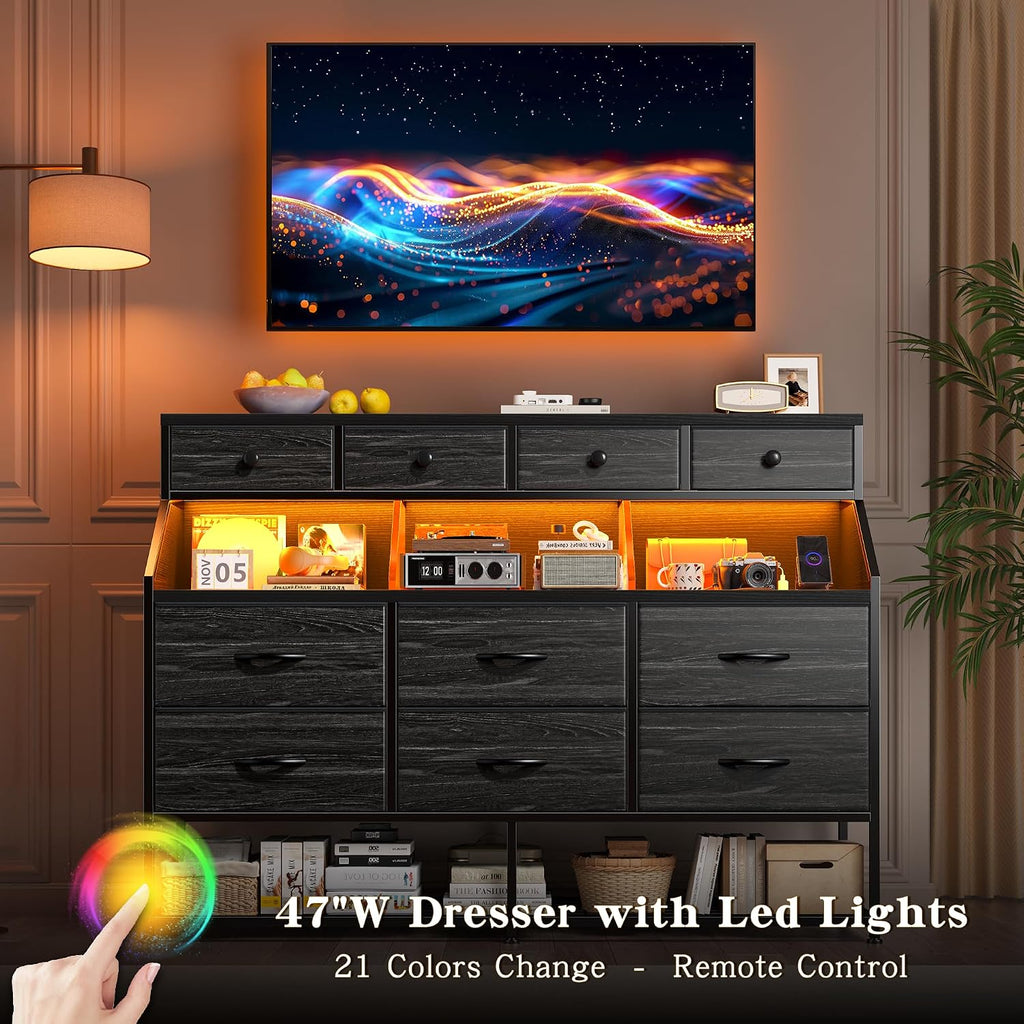 EnHomee Dresser for Bedroom with 10 Drawers & Shoe Rack Fabric Dressers & Chests of Drawers with LED Lights and Power Outlets Bedroom Dresser for Entryway, Hallway(Charcoal Black)