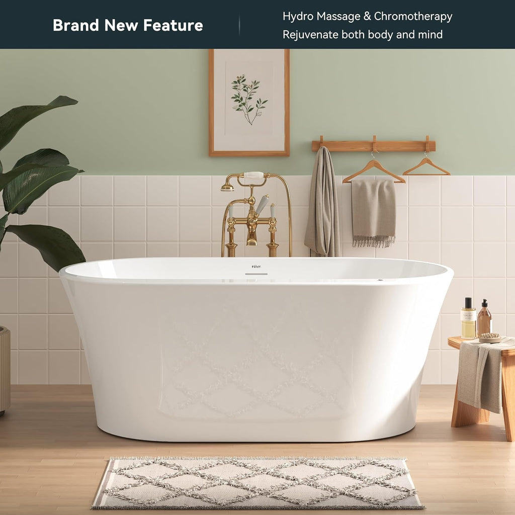 FerdY Mauritius 59 Inch Acrylic Freestanding Whirlpool Bathtub, Oval with 8 Air Water SPA Jets Morden White Stand Alone Jetted Tub, Luxury Acrylic Free Stand Deep Soaking Bath Tub