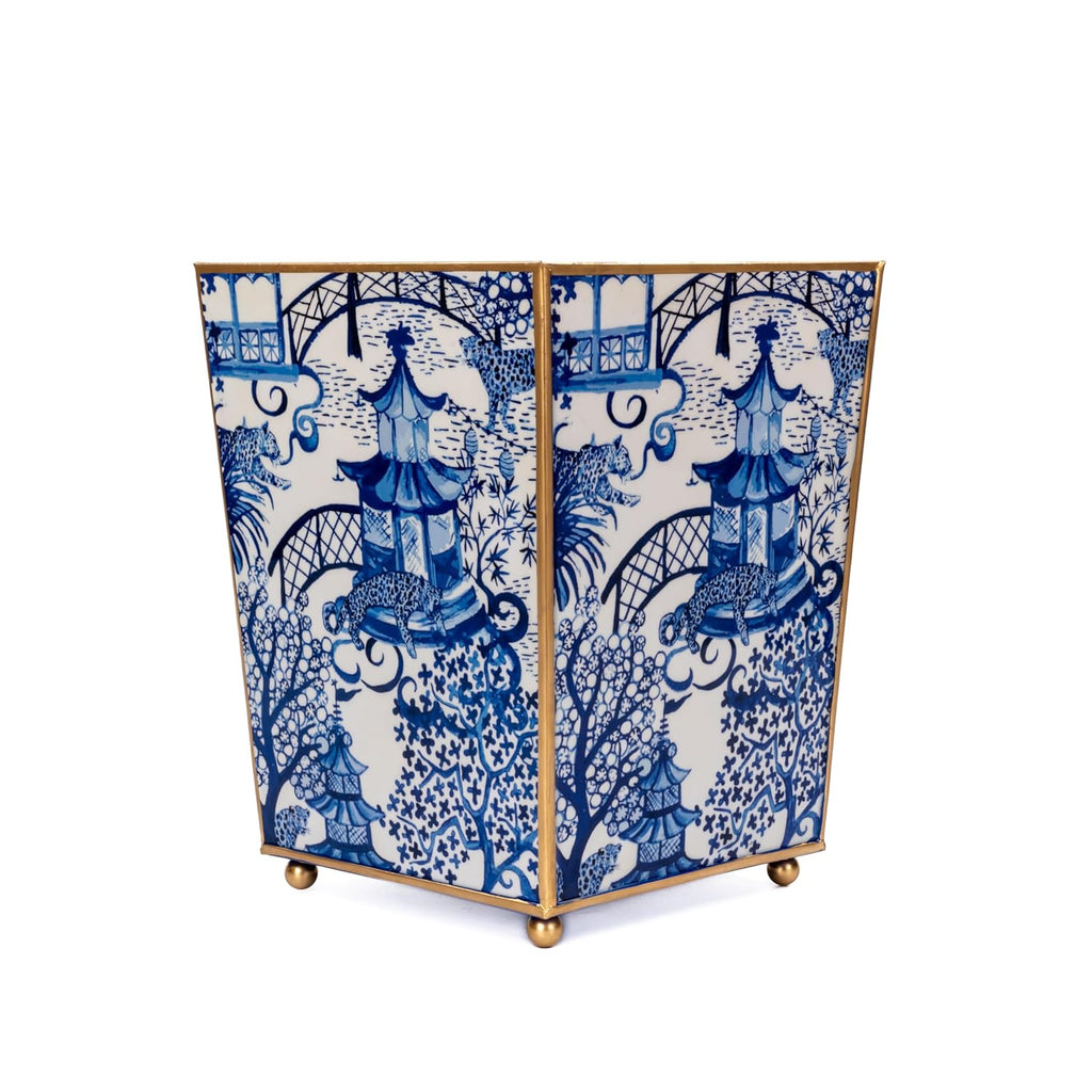 Jaye's Studio Garden Party Decorative Gold Waste Basket for Bathroom Trash Can no Lid, Bedroom Garbage Can Square Office Trash Bin, Vanity Enamel White & Blue Bathroom Trash Can Gold Feet, 9 inch Wide