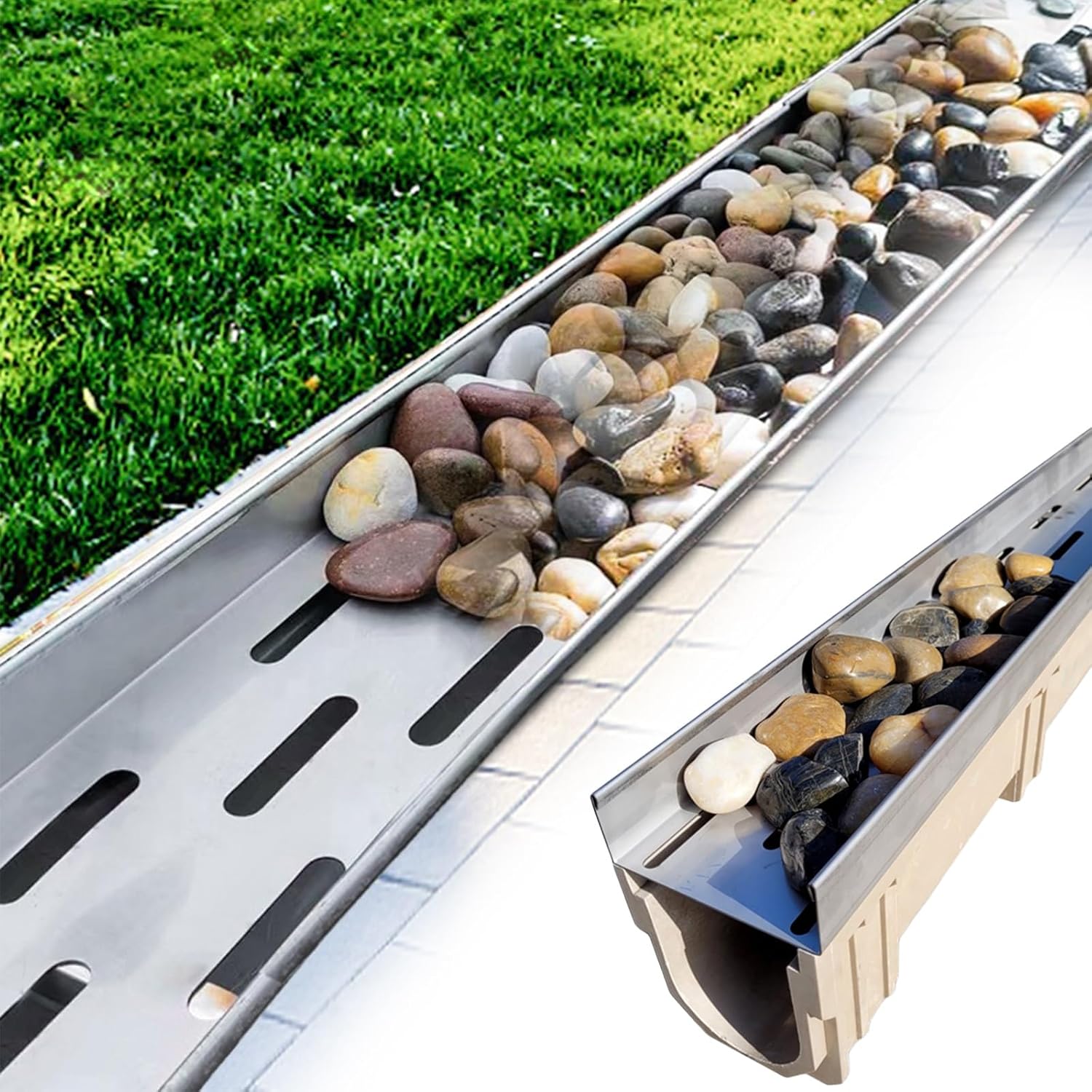 Trench Drain with 304 Stainless Steel Grate,French Drain Kit for Yard,Pebble Filling,Convenient Assembly,for Yard Concrete Garden