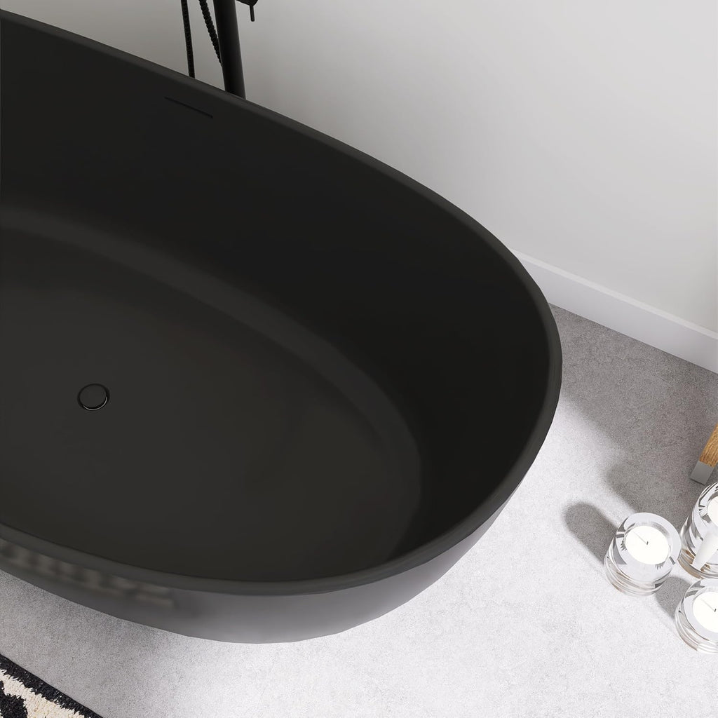 SJ STAR&JANE 65' Solid Surface Freestanding Bathtub Stone Resin Soaking Tub Matte Black Double Slippers Stand Alone Oval Tub with Pop-up Drain and Overflow for Bathroom