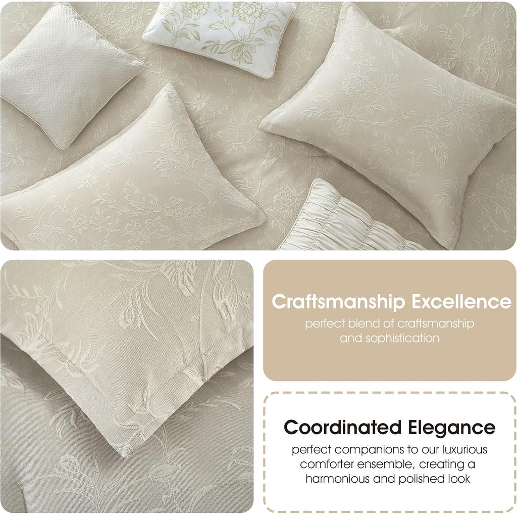 Grand Avenue Beige Cotton Blend Comforter Set, Elegant 7 Piece, Floral Jacquard Queen Size Bedding, All Season, Bedskirt, Pillows & Shams, Home Decor
