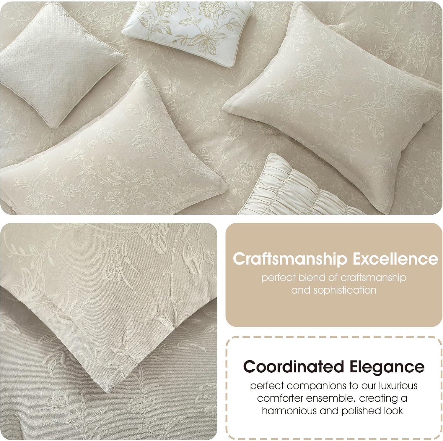 Grand Avenue Beige Cotton Blend Comforter Set, Elegant 7 Piece, Floral Jacquard Queen Size Bedding, All Season, Bedskirt, Pillows & Shams, Home Decor
