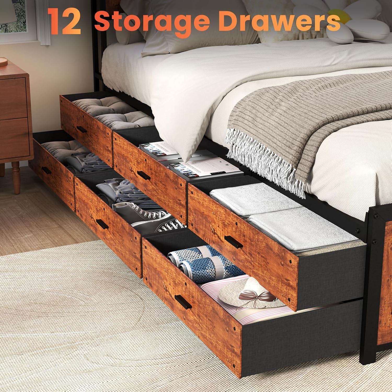 Kiivakii Queen Size Bed Frame with 12 Storage Drawers, LED Headboard with Charging Station, Metal Platform Bed Frame, No Box Spring Needed, Noise-Free, Stable and Solid, Brown