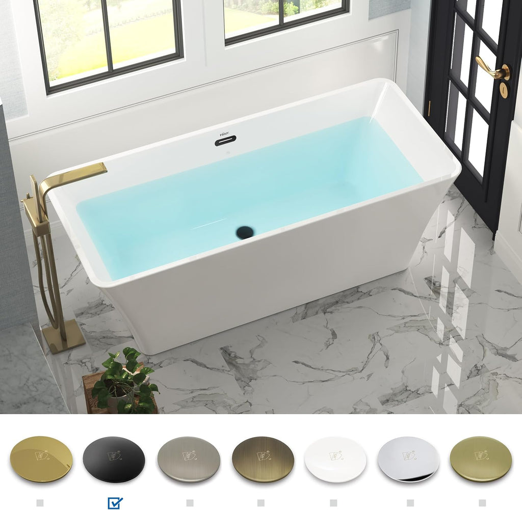 FerdY Sentosa 67' Acrylic Freestanding Bathtub, Contemporary Design Soaking Tub with Matte Black Drain and Matte Black Overflow, Easy to Install