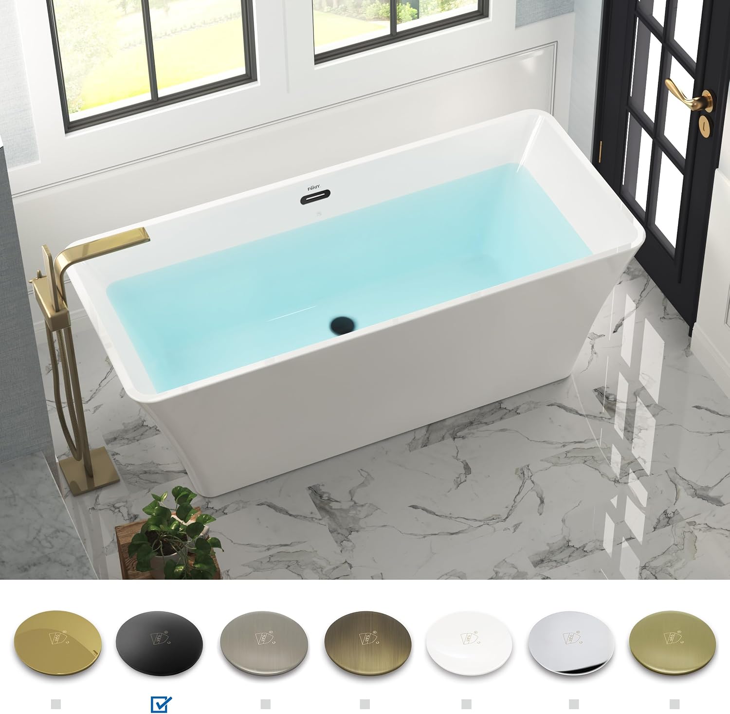 FerdY Sentosa 67' Acrylic Freestanding Bathtub, Contemporary Design Soaking Tub with Matte Black Drain and Matte Black Overflow, Easy to Install