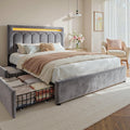 Homkdom Velvet Upholstered Full Size Bed Frame with 4 Storage Drawers, Vertical Arched LED Headboard, Sturdy Wood Slats Support, No Box Spring Needed, Grey