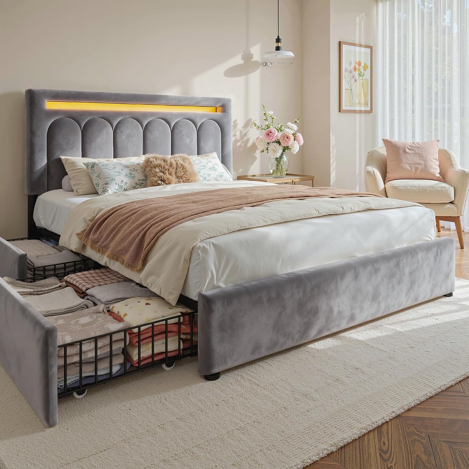 Homkdom Velvet Upholstered Full Size Bed Frame with 4 Storage Drawers, Vertical Arched LED Headboard, Sturdy Wood Slats Support, No Box Spring Needed, Grey
