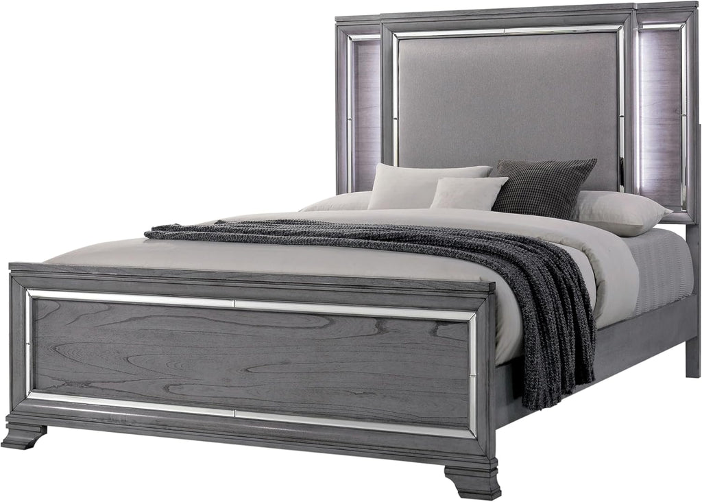 Furniture of America Zenka Wood Frame 2-Piece Bedroom Set, California King-Size Bed with Lighted & Padded Headboard, 10-Drawer Dresser, Felt-Lined Top Storage, Box Spring Required, Light Gray