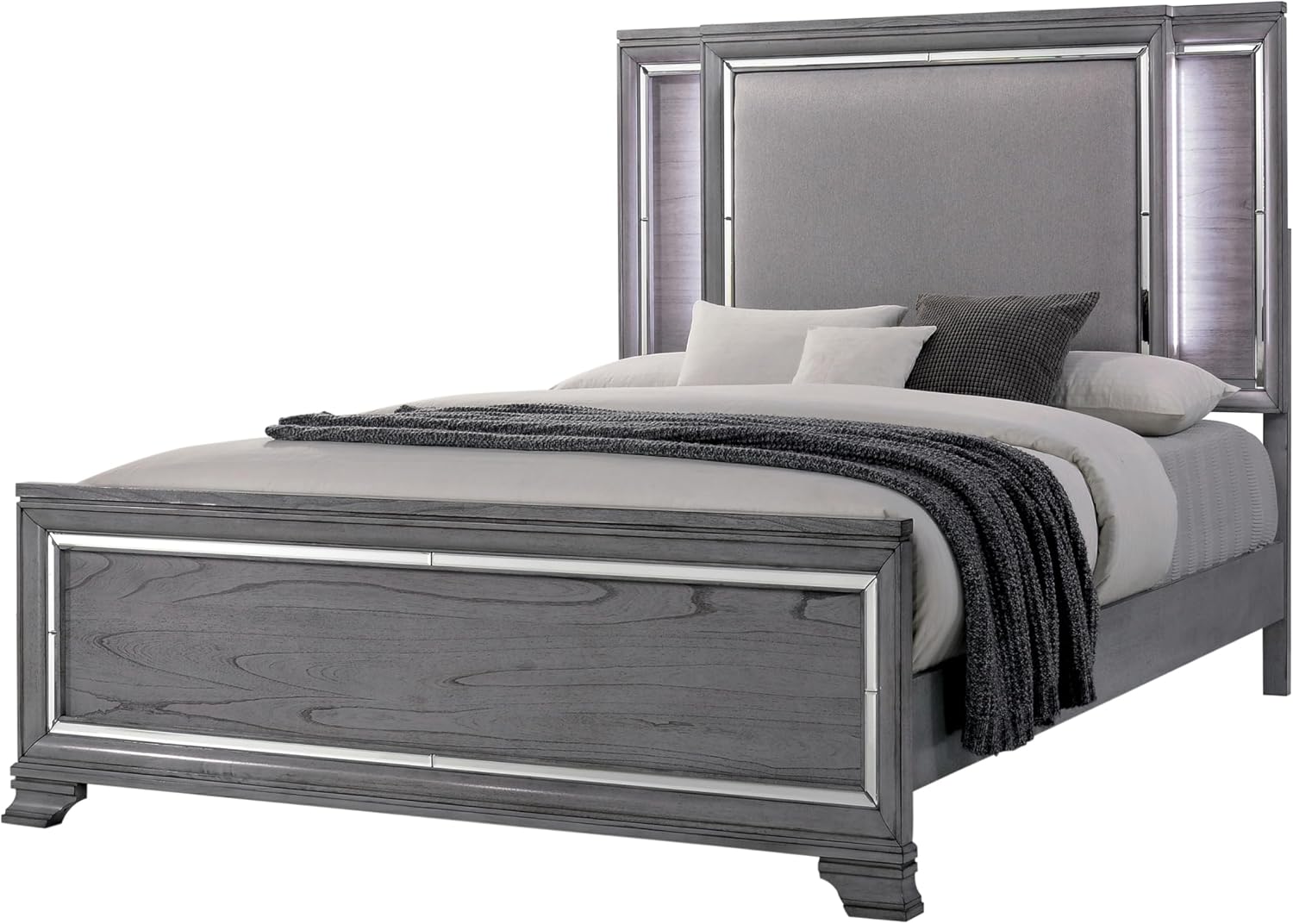 Furniture of America Zenka Wood Frame 2-Piece Bedroom Set, California King-Size Bed with Lighted & Padded Headboard, 10-Drawer Dresser, Felt-Lined Top Storage, Box Spring Required, Light Gray