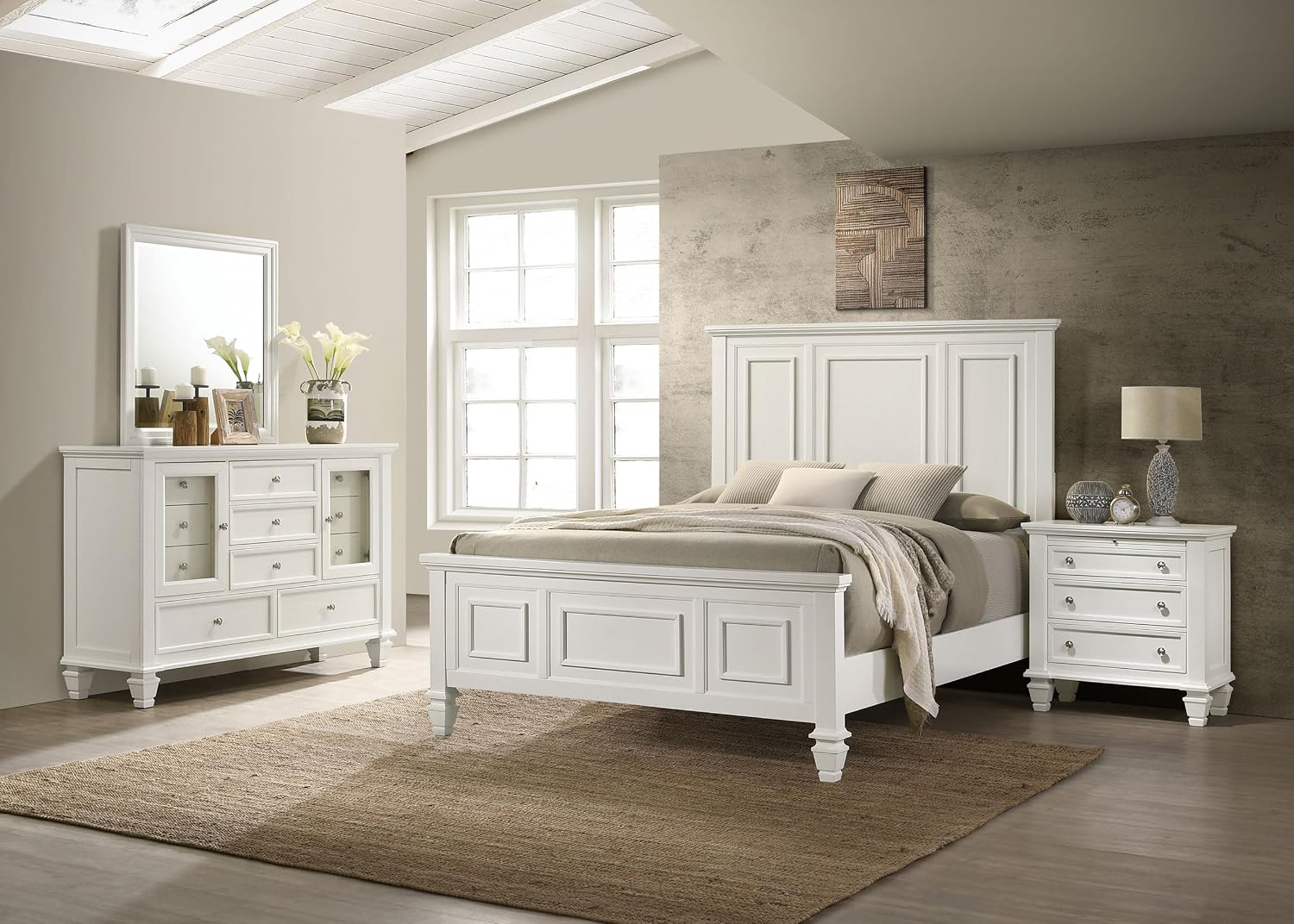 Coaster Home Furnishings Sandy Beach Coastal 4-Piece Bedroom Set Queen Size Panel Bed Frame 63-inch Headboard Cream White 201301Q-S4