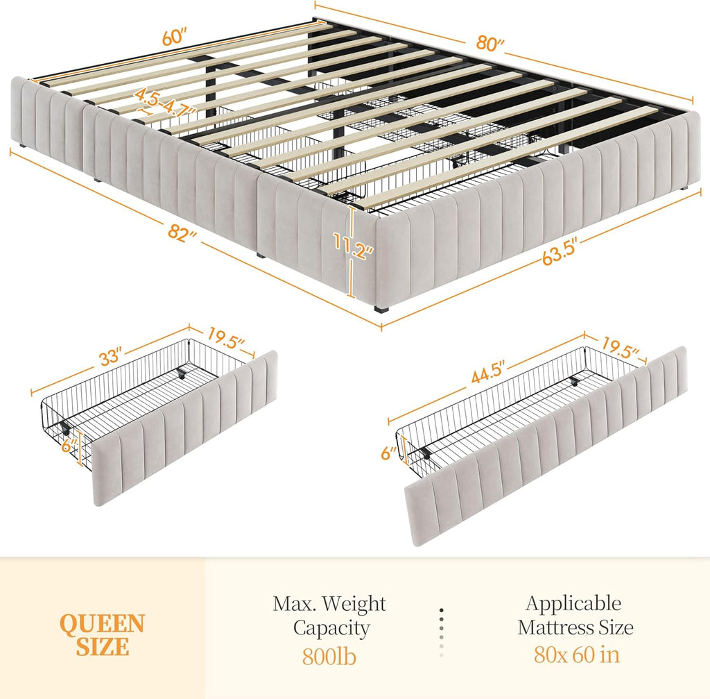 Yaheetech Queen Bed Frame Upholstered Platform Bed with 3 Storage Drawers, Large Storage Space/Strong Wooden Slats/Non-Slip and Noise-Free/No Fixed Headboard/No Box Spring Needed/Beige Queen Bed