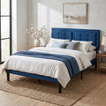 VECELO Queen Size Bed Frame, Adjustable Upholstered Button Tufted Headboard, Heavy-Duty Bedframe with Wood Slats Support, No Box Spring Needed, Aegean Blue