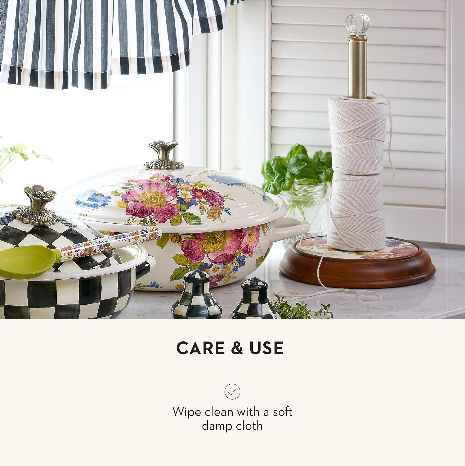 MACKENZIE-CHILDS Wood Paper Towel Holder, Decorative Paper Towel Holder for Kitchen, White Flower Market