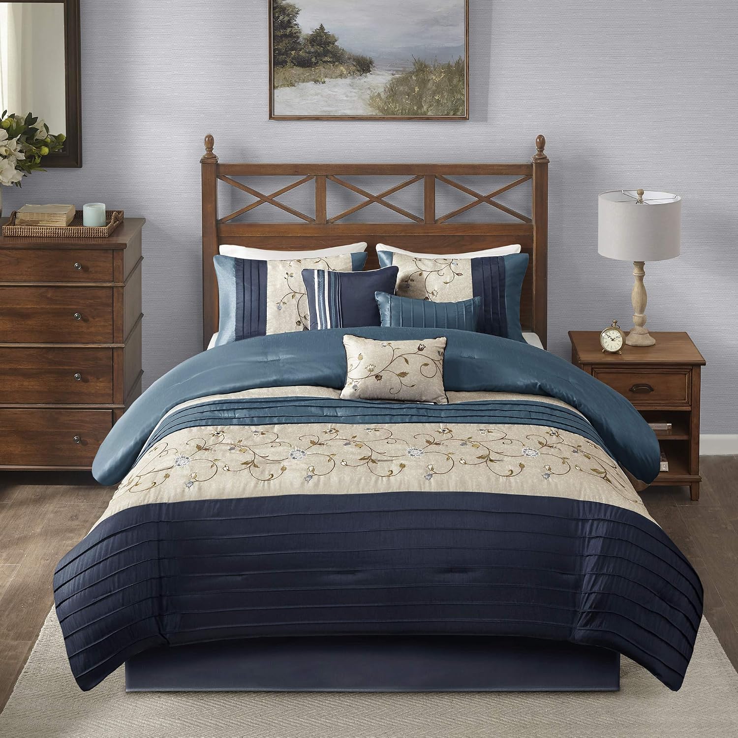 Madison Park Serene Faux Silk Comforter Set - Floral Embroidery Design, All Season Bedding Set, Matching Bed Skirt, Decorative Pillows, Navy Cal King(104'x92') 7 Piece