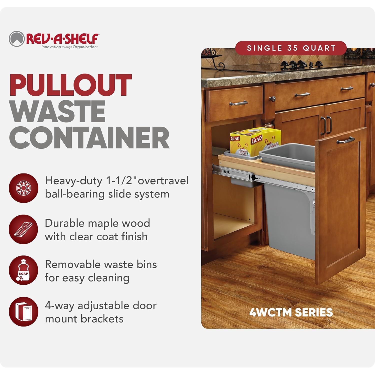 Rev-A-Shelf 35 Qt Top Mount Single Pullout Under Cabinet Kitchen Trash Cans w/Soft-Close for Base Cabinets,150 Pound Rated Full-Extension Slides, Min Opening Width of 12', Silver, 4WCTM-12BBSCDM1