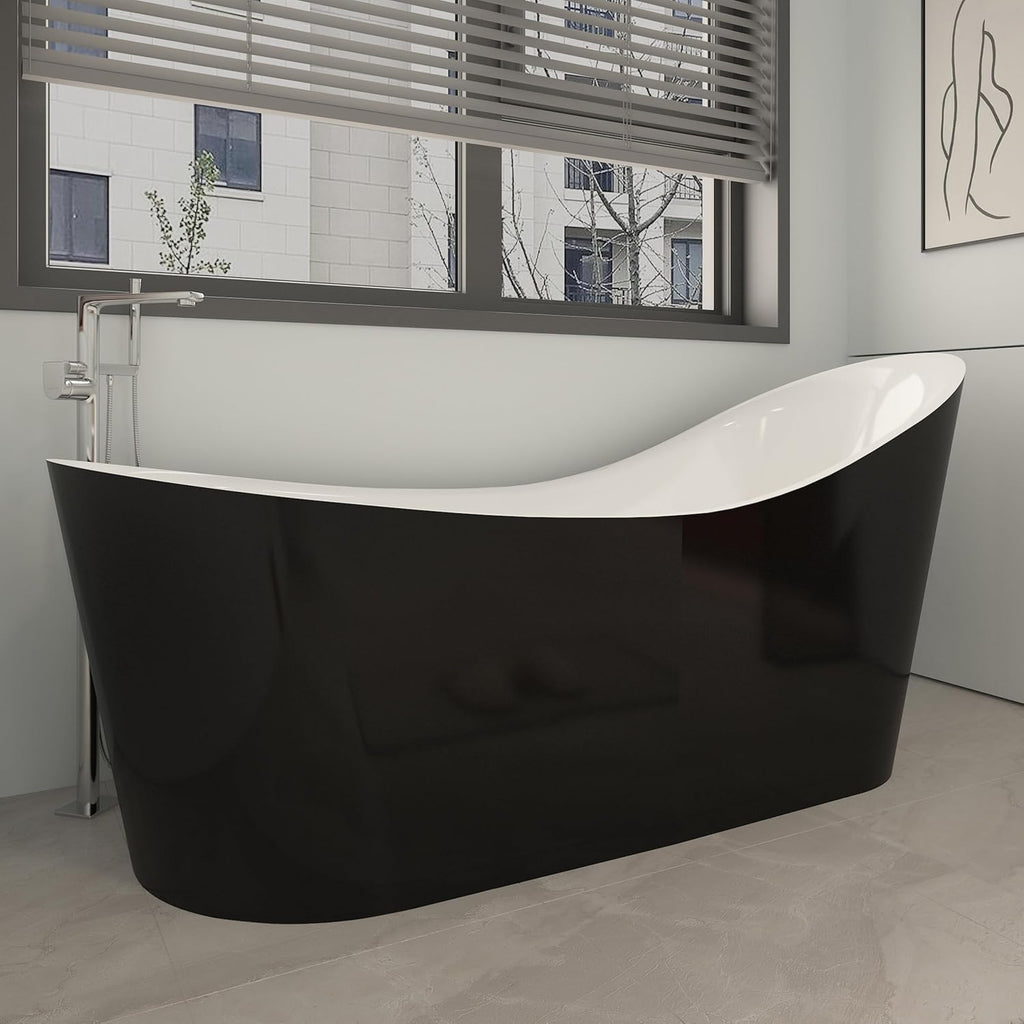 55' Black Modern Free Standing Soaking Slipper Bathtub, WHALEKING Luxury Stand Alone Deep Acrylic Hot Tub with Chrome Overflow&Drain, Matte Black
