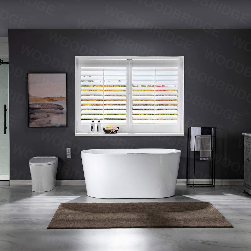 WOODBRIDGE 56' Acrylic Freestanding Bathtub Contemporary Soaking White Tub with Brushed Gold Overflow and Drain，B0088 -BG-Drain &O