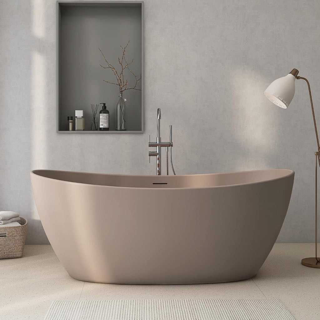 65'' Stone Resin Solid Surface Freestanding Bathtub, Modern Elegant Design Soaking Stand Alone Tub, Light Gray, Drain and Overflow Included