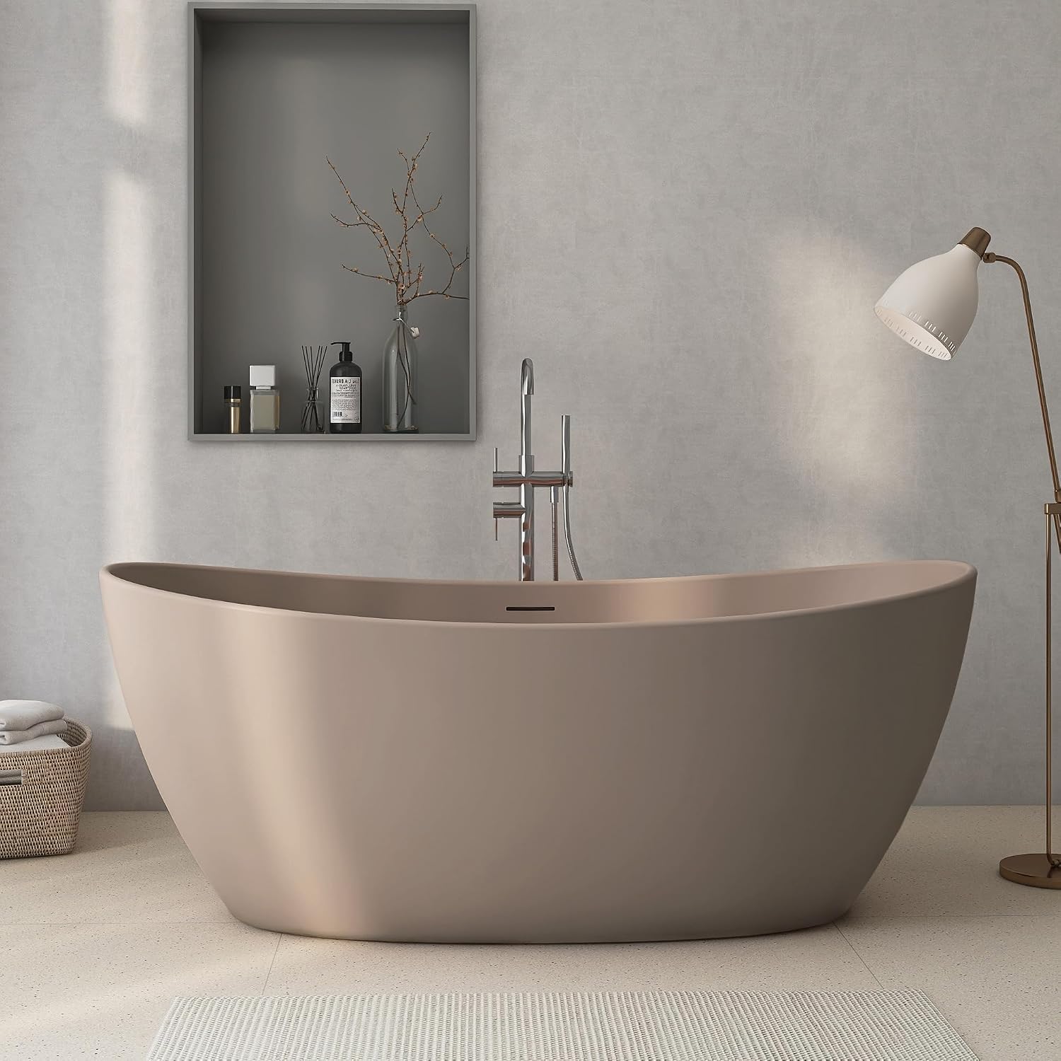 65'' Stone Resin Solid Surface Freestanding Bathtub, Modern Elegant Design Soaking Stand Alone Tub, Light Gray, Drain and Overflow Included