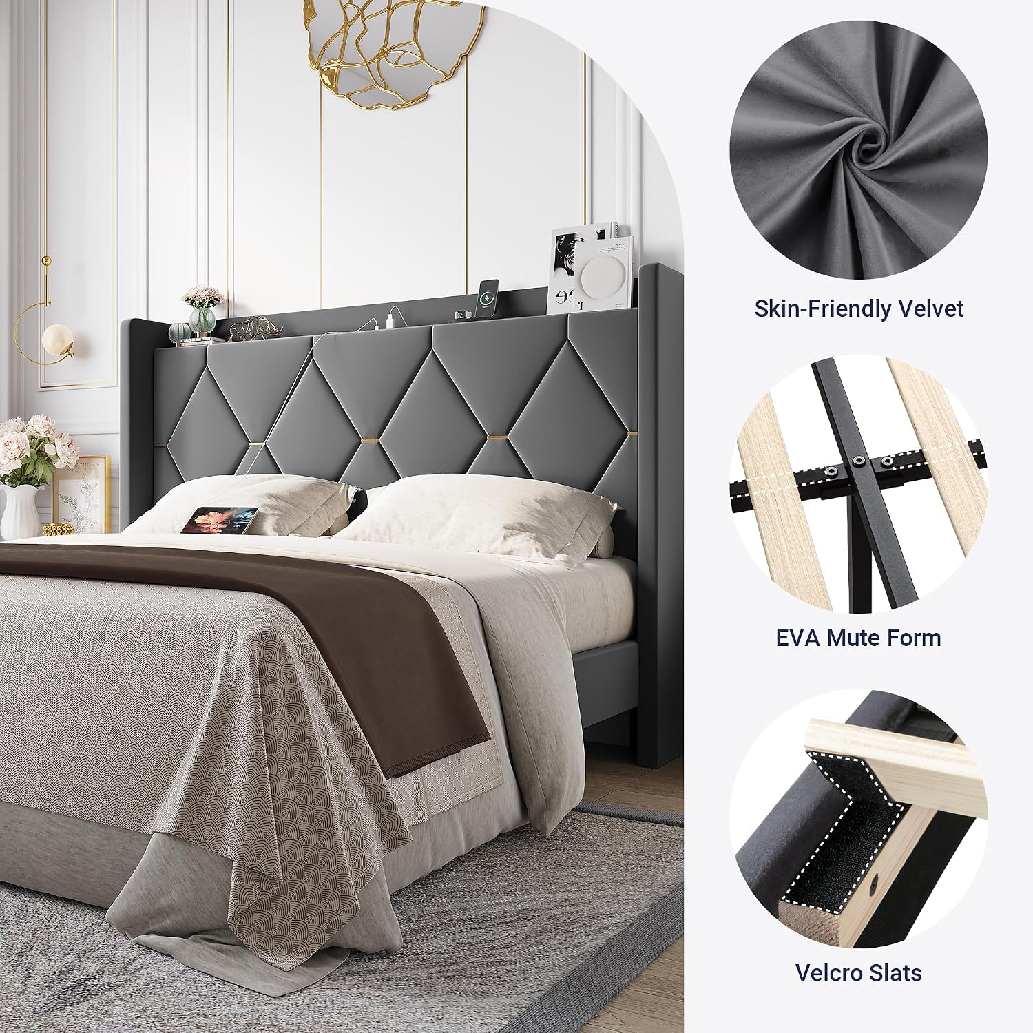 Allewie Velvet Full Size Upholstered Bed Frame with Wingback Storage Headboard & Charging Station, Platform Bed with Diamond Tufted Design & Gold Trim, No Box Spring Needed, Easy Assembly, Grey