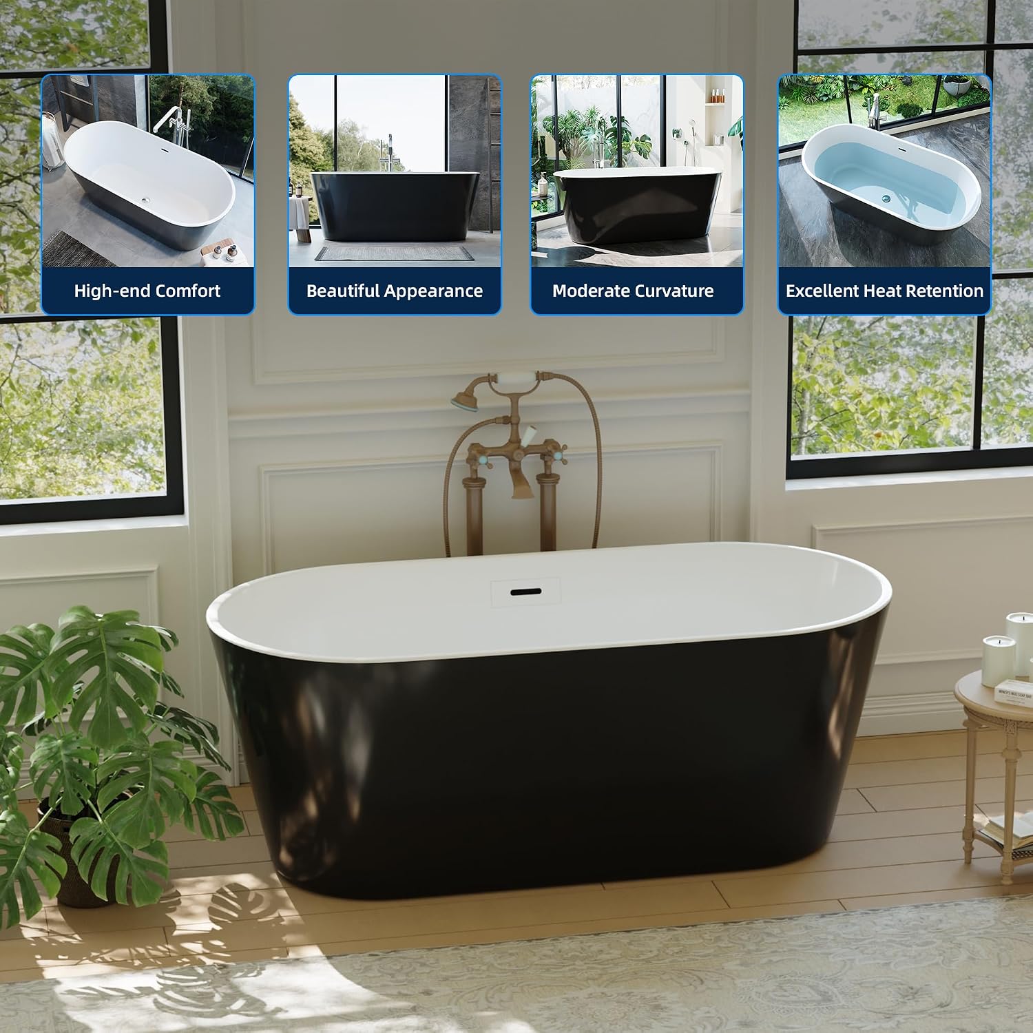 59' Free Standing Tub, Acrylic Soaking Bathtub, Stand Alone Freestanding Tub with Matte Sliver Drain and Overflow, Contemporary Bathtub for Bathroom, Black