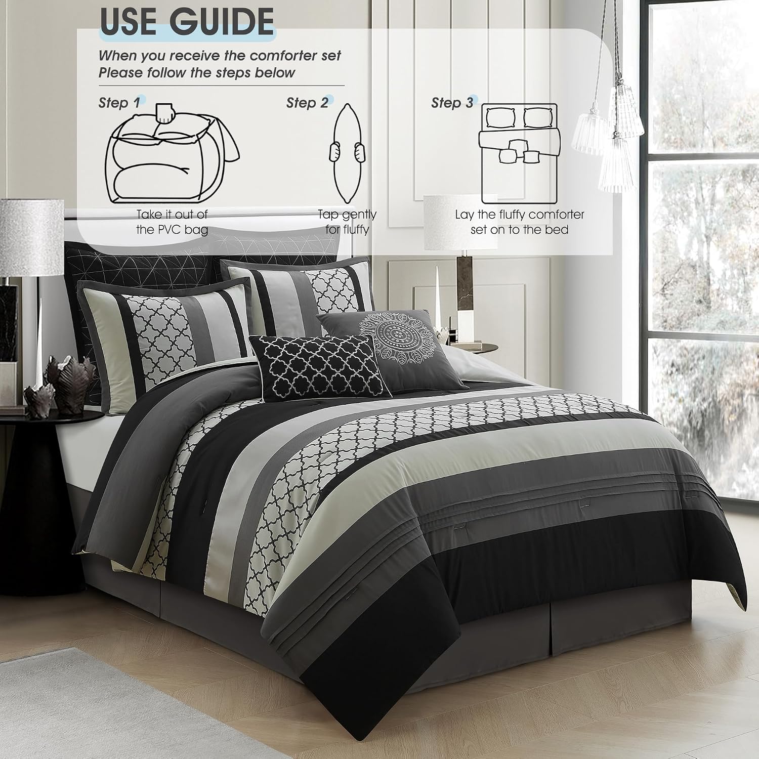 LANCO MODERN LIFESTYLE Queen Comforter Set, Black Gray Bedding Set, Jacquard Woven with Embroidery, 8 Pieces Bed in a Bag, Bed Skirt, Shams and Decorative Pillows