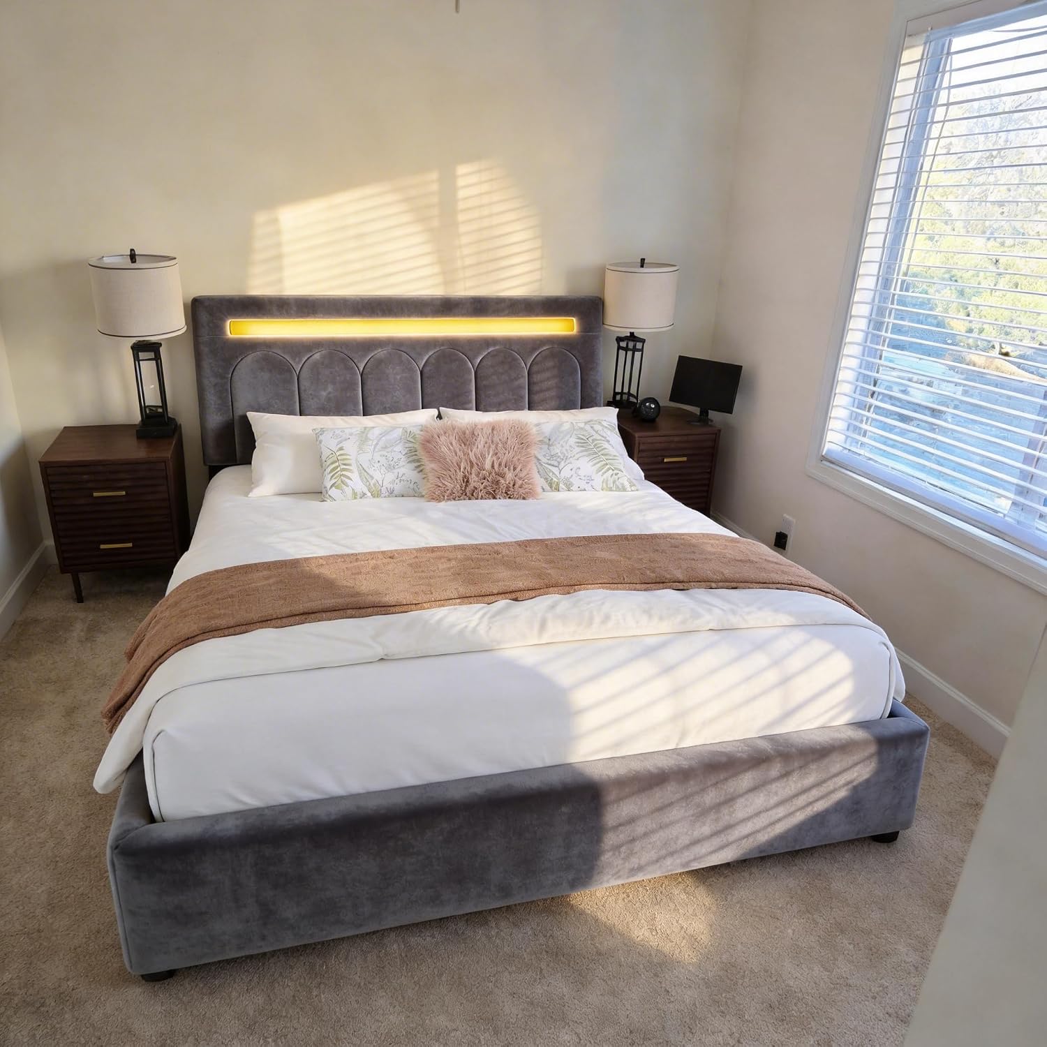 Homkdom Velvet Upholstered Queen Bed Frame with 4 Storage Drawers, Vertical Arched LED Headboard, Sturdy Wood Slats Support, No Box Spring Needed, Grey