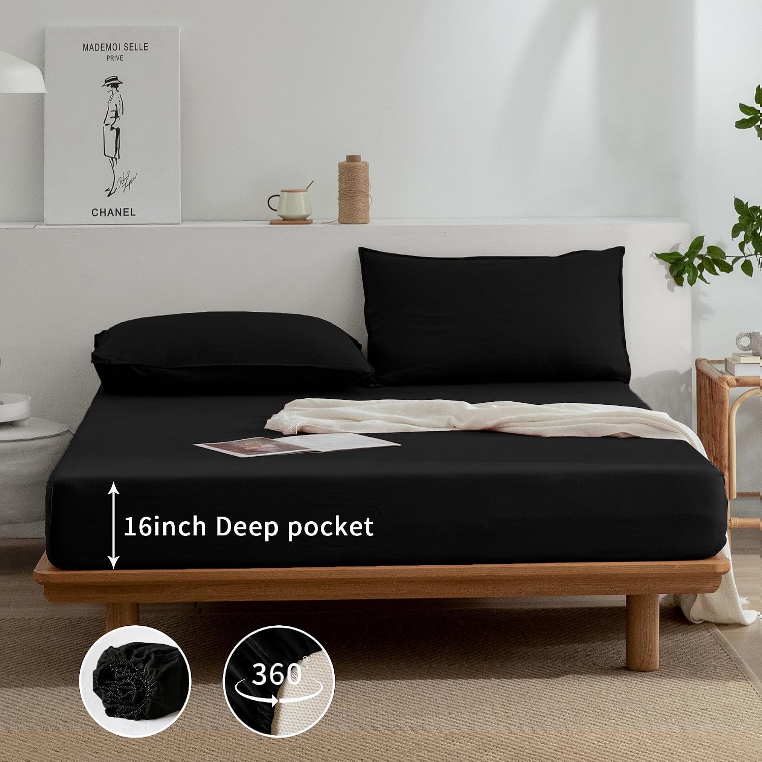 EVERLY Linen Sheets Set Queen Size,100% French Stonewash Pure Linen Sheets Set,4Pieces (1Flat Sheet,1Fitted Sheet,2Pillowcase) Suitable for Hot Sleepers,Deep Pocket Natural Bedding Set-Black