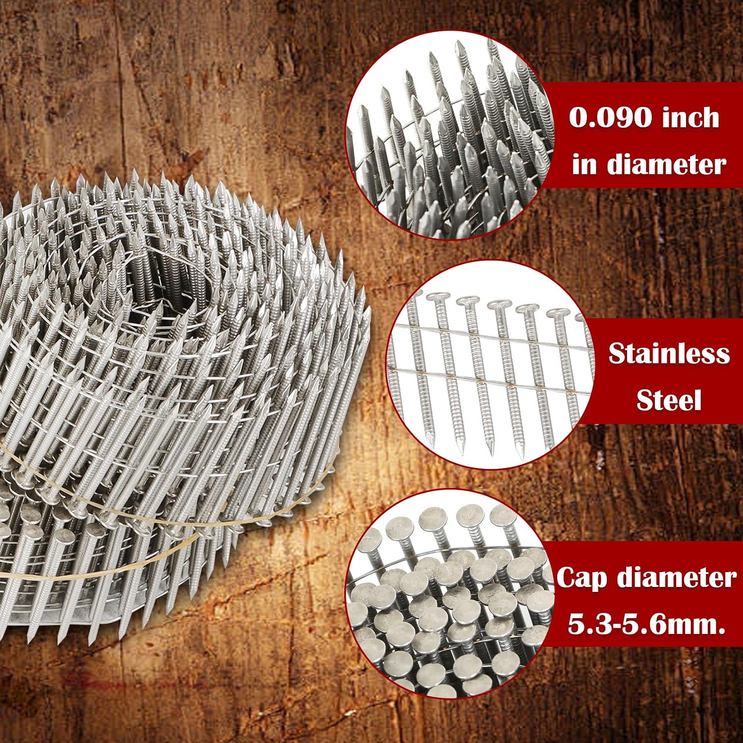 findmall 3600 Count 1-3/4-Inch x .090-Inch Ring Shank 304 Stainless Steel Siding Nails 15-Degree Collated Wire Coil Nails for Wood Siding or Fencing Applications