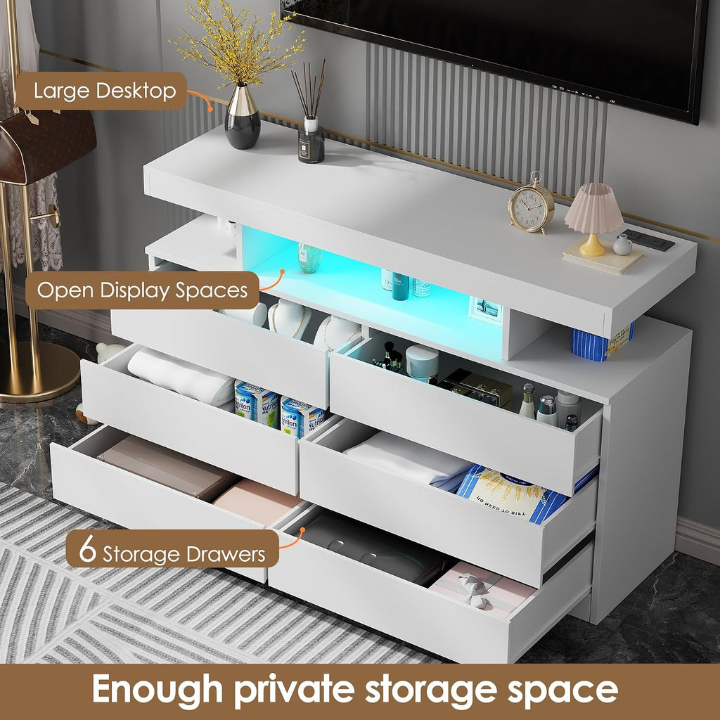 BEWISHOME White Dresser for Bedroom with Charging Station and LED Lights, Wood 6 Drawer Dresser TV Stand with Open Space, Modern Wide Dressers Chest of Drawers for Closet, Living Room, White KCG02W