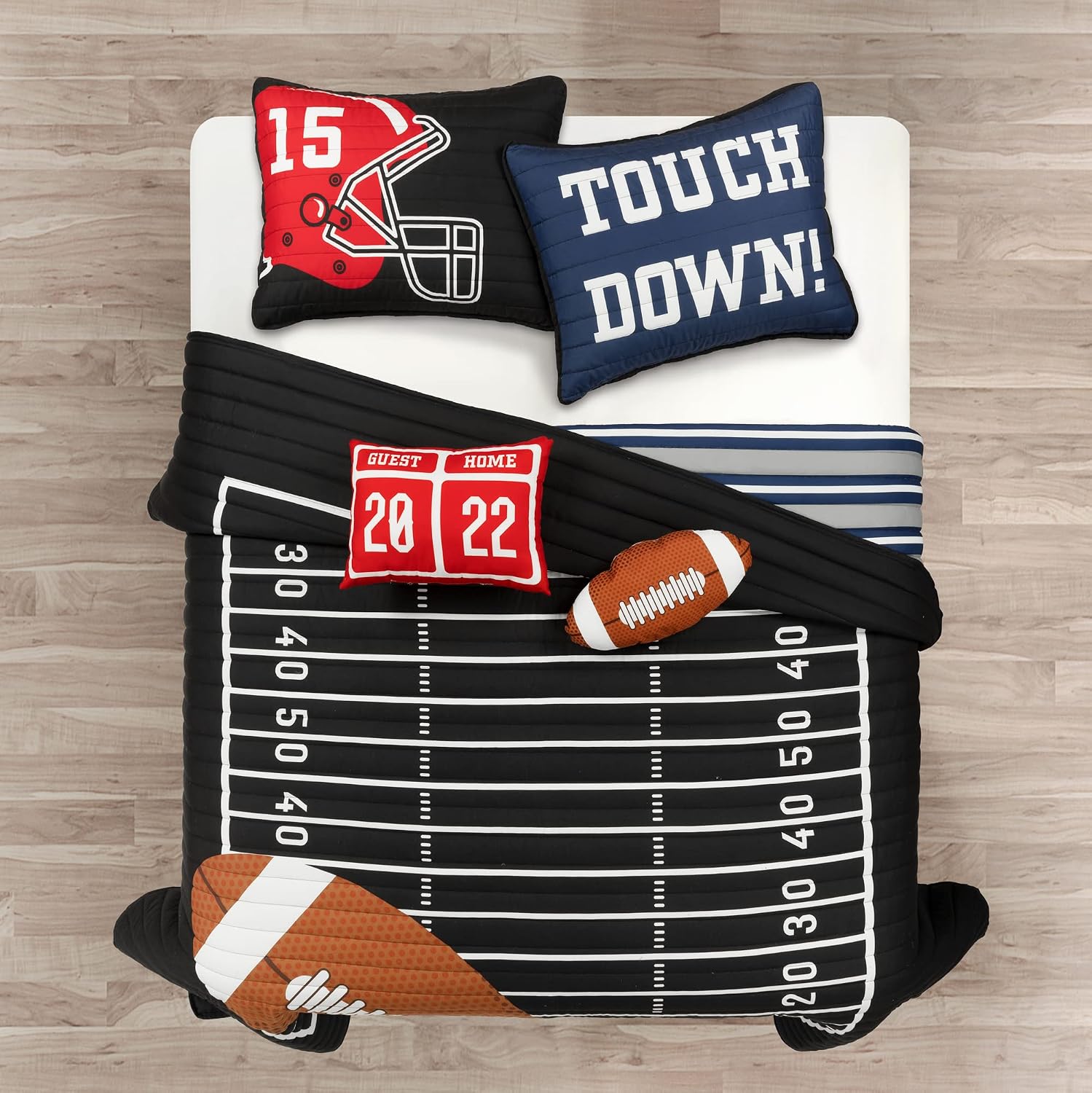 Lush Decor American Football Reversible Quilt Queen Size 5 Piece Set Full/Queen Black & Navy - Kids Bedding Set Queen Quilt - Football Decor
