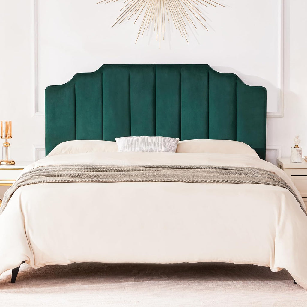 Huatean Home Velvet Upholstered Headboard Queen, Tufted Headboard, Elegantly Curved Queen headboard only,Soft Padded headboards, Modern Vertical Channel Design Head Board, Dark Green