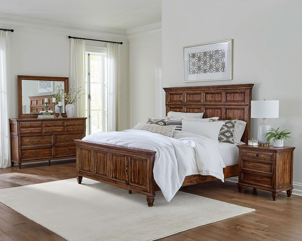 Coaster Home Furnishings Avenue Traditional 4-Piece Bedroom Set Eastern King Size Panel Bed Frame 68-inch Headboard Weathered Burnished Brown 223031KE-S4