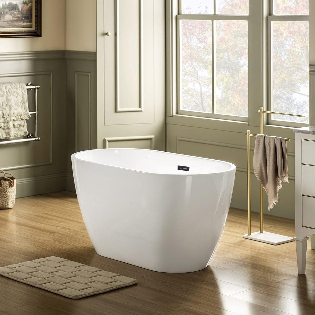 WOODBRIDGE 48' Acrylic Freestanding Bathtub Contemporary Soaking Tub, White Acrylic(Matte Black Drain/Overflow),BTA1703-MB-Drain&O