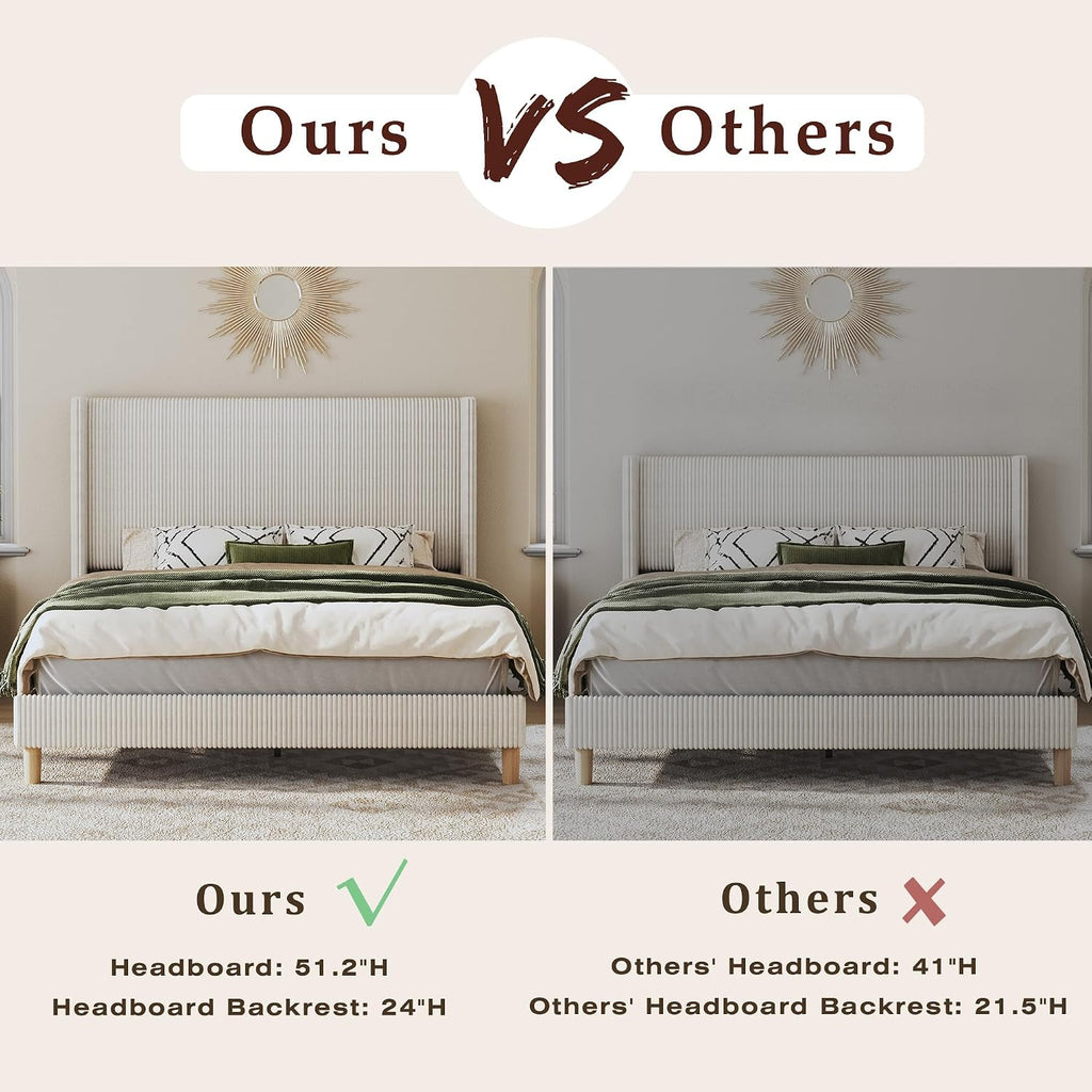 HUAHUU Queen Bed Frame with 51.2' Tall Headboard, Corduroy Upholstered Bed Frame with Wingback, Platform Bed with Wooden Slats Support, Easy Assembly, No Box Spring Needed, Beige