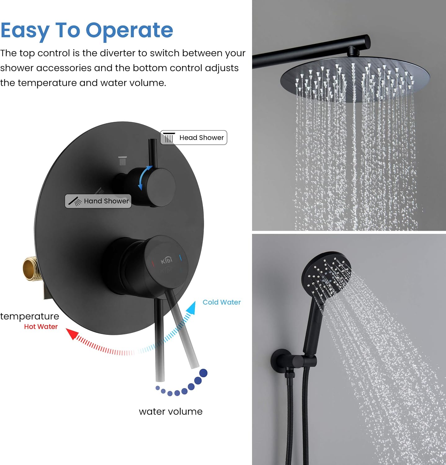 KIBI Shower System with Valve, 2-Function Wall Mounted Bathroom Shower Faucet Set – Solid Brass Pressure Balanced Shower System with Handheld Spray & High Flow Shower Head, Matte Black (KSF403)