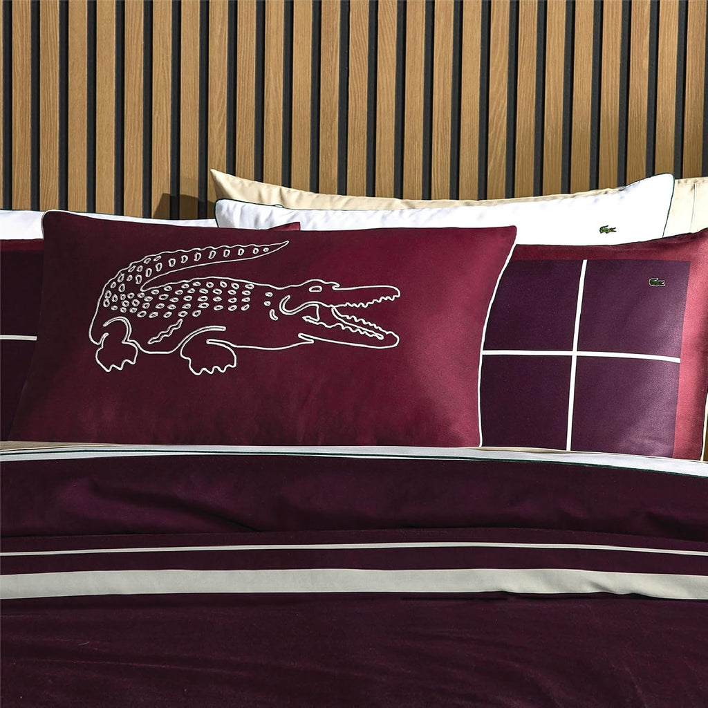 Lacoste Playful Checks Cotton Sateen 300-Thread Count Comforter Set – Medium Warmth, Oeko Tex Certified, Machine Washable, Burgundy, Full/Queen