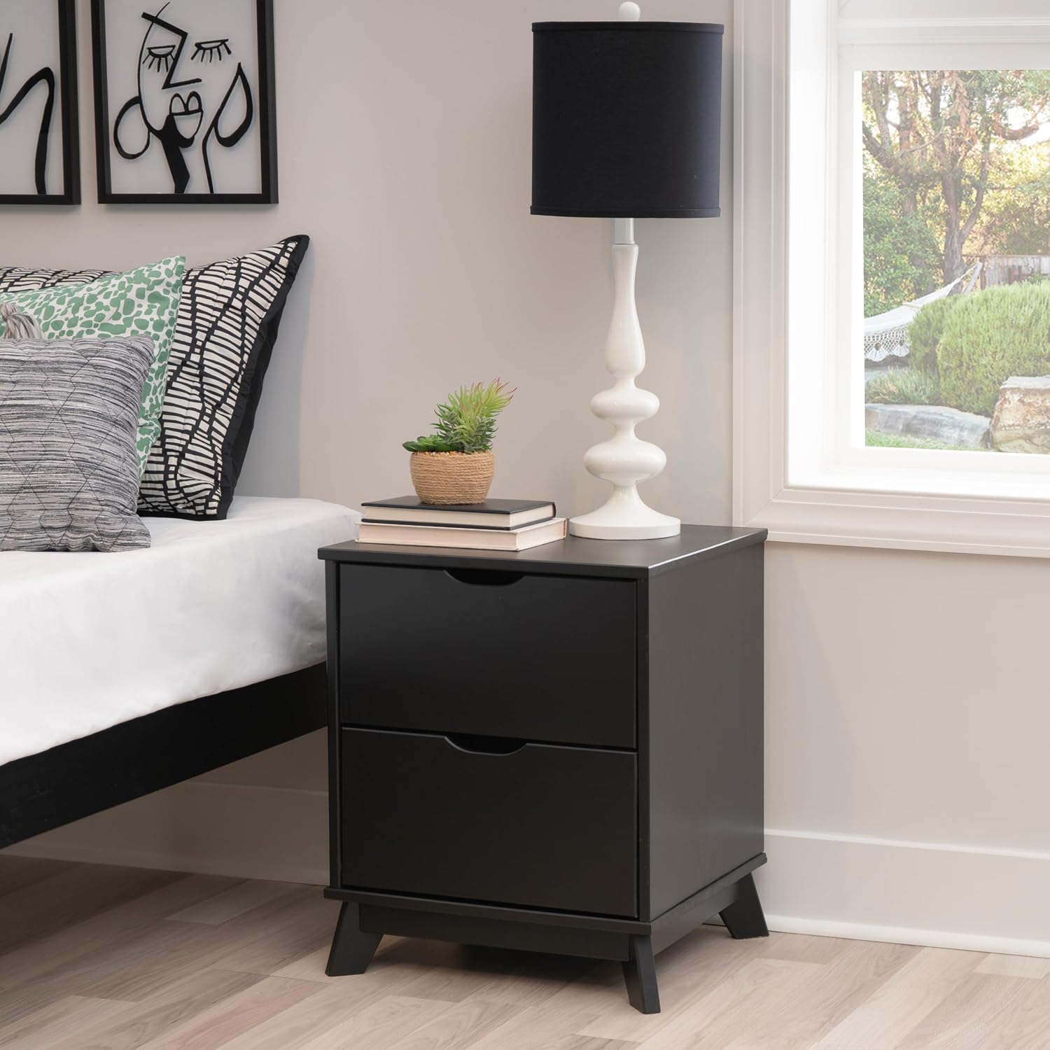 Powell Fordham Black Solid Pine Wood Twin Sized Platform Bed with Two Drawer Nightstand