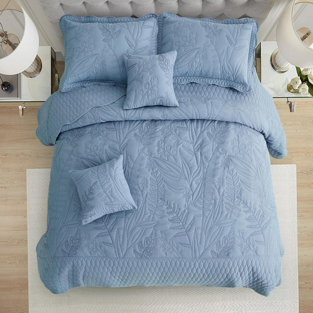 DaisyHuang Botanical Bedspread Full Size - Leaves Pattern Stitching Quilt Set - Elegant & Fresh Style Bedding Coverlets, Reversible, Lightweight, 5 Piece, Ashley Blue