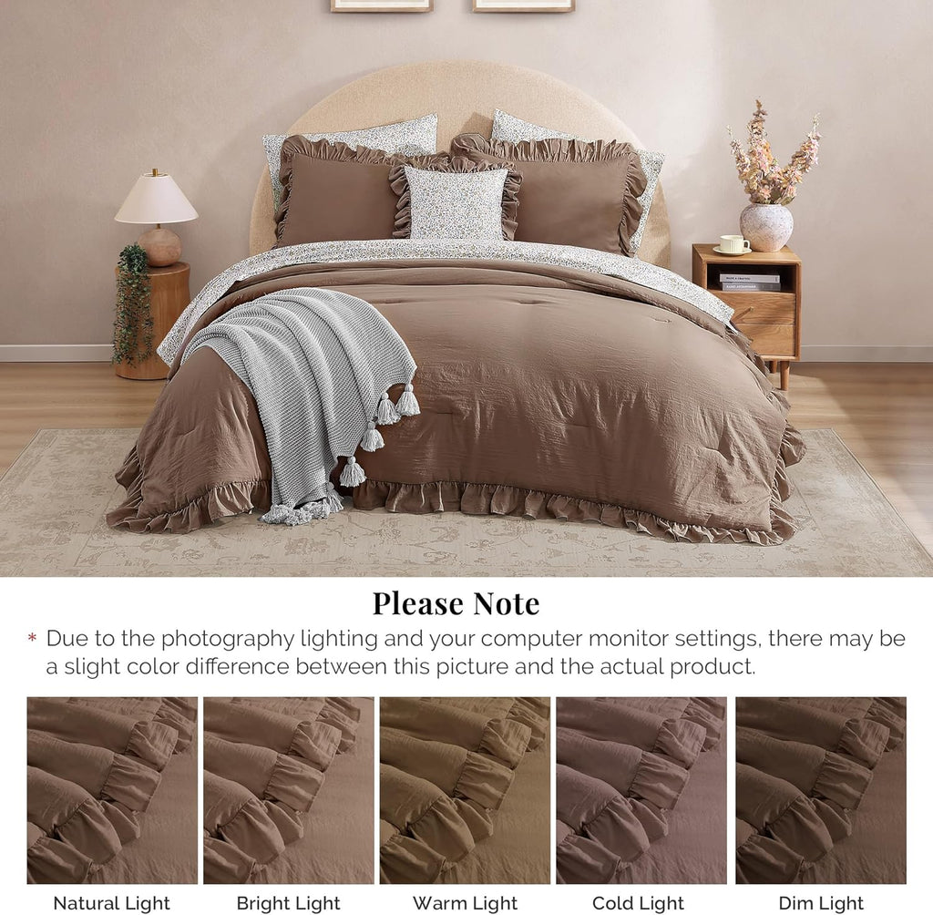 BLOOMHAVEN Oversized King Comforter Set - 7 Pieces Ruffle Amber Brown Bedding Sets, Shabby Chic Farmhouse Bed in a Bag with Ruffle Comforter, Floral Sheets, Pillowcases & Shams